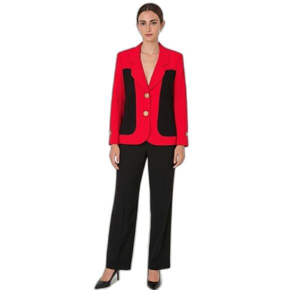 Constance Saunders 80s Red Black Wool Gold Button Wide Leg Career Power Suit 2pc - Picture 1 of 16